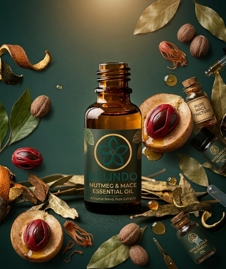 Nutmeg and mace essential oil bottle with whole nutmeg, mace and botanicals