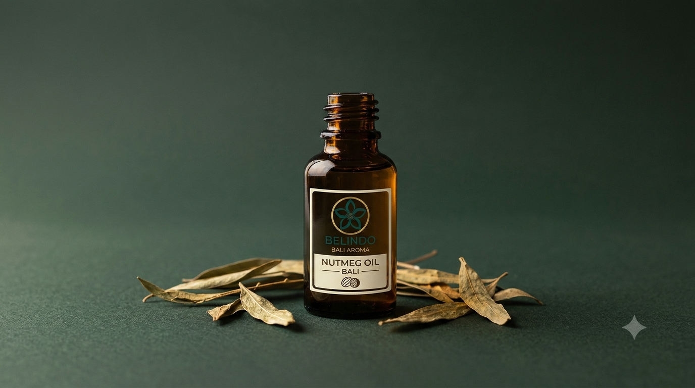 Bali-origin nutmeg oil bottle with fresh nutmeg seeds