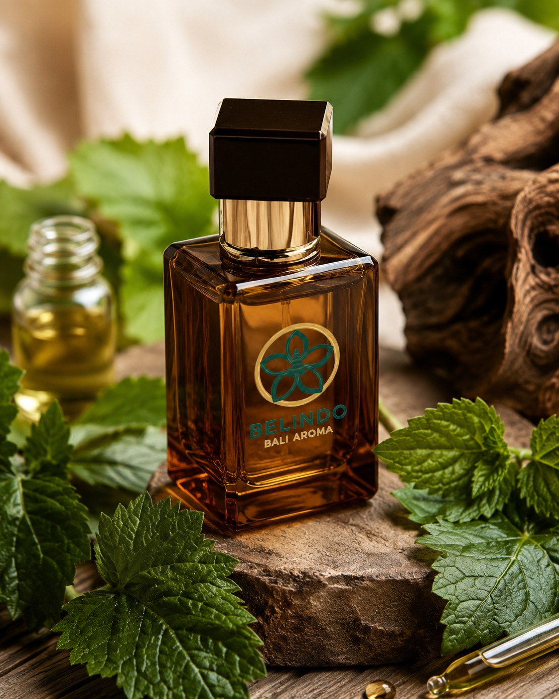 Amber perfume bottle surrounded by botanicals