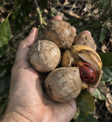 Sulawesi-origin nutmeg oil bottle with whole nutmeg