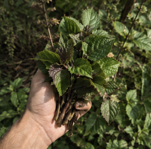 Amber patchouli oil bottle with dried patchouli leaves