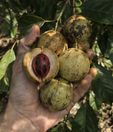 Bali-origin nutmeg oil bottle with fresh nutmeg seeds