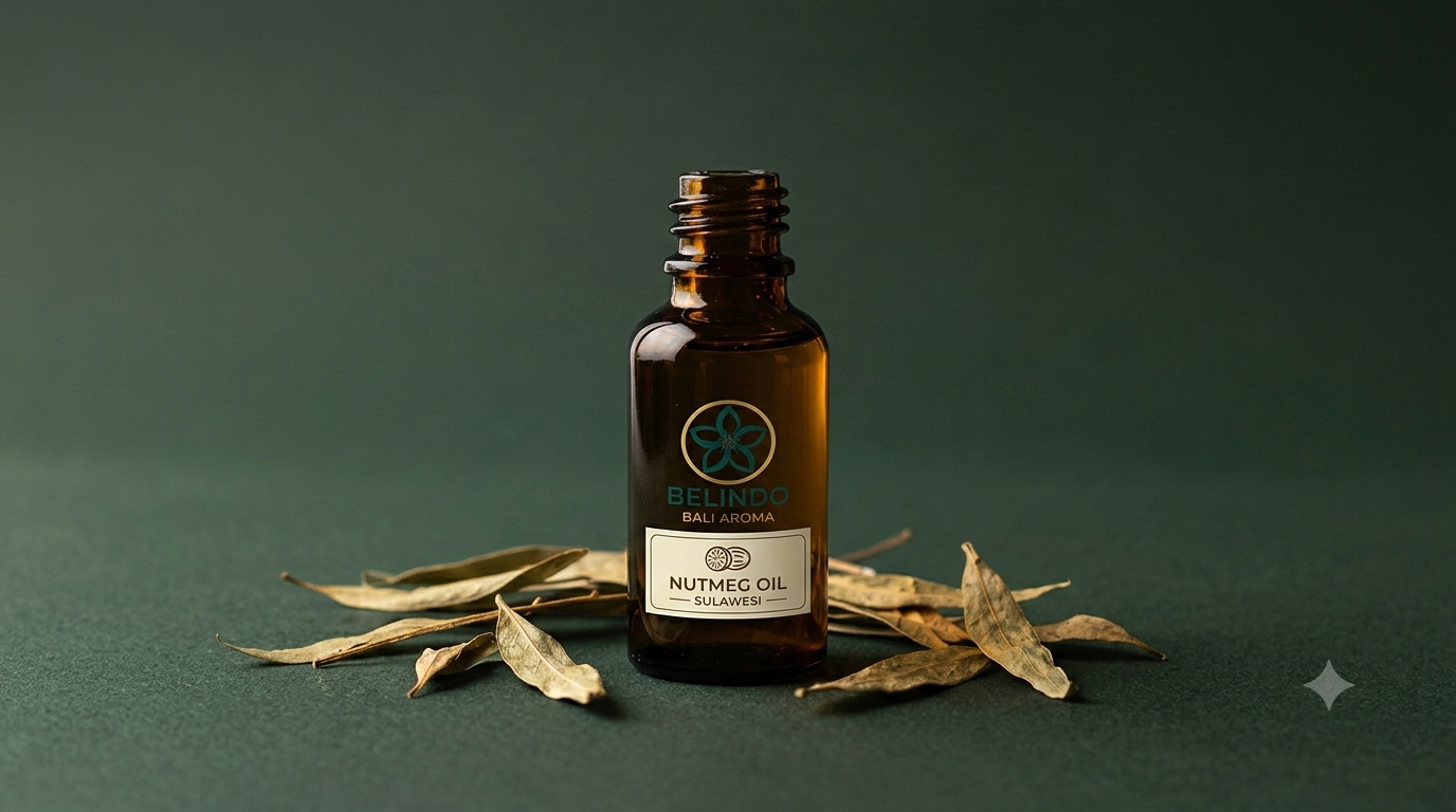 Sulawesi-origin nutmeg oil with dark, richly aromatic nutmeg seeds