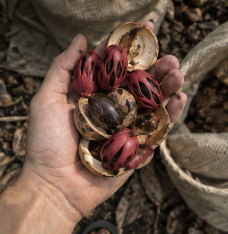 Nutmeg seed with surrounding red mace aril — Sulawesi origin